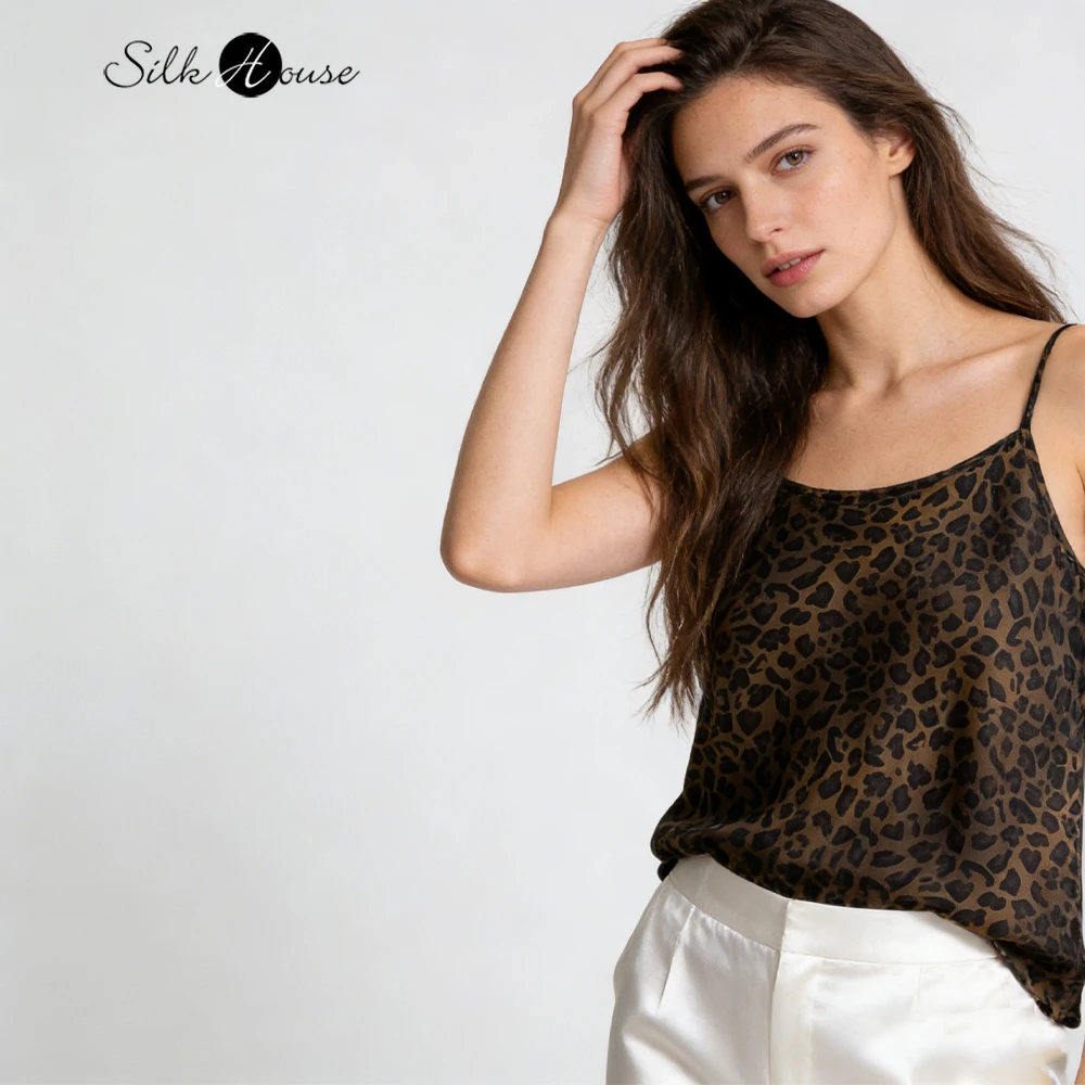 

Женский сексуальный топ на бретельках из 100% натурального шелка тутового шелкопряда, матовый, с леопардовым принтом, диагональным кроем 19 мм, приятный для кожи, гладкий атлас