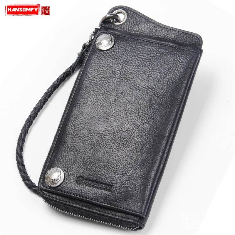 

Handmade Retro Men's Wallet Buckle Mobile Phone Bag Anti-theft Chain Card Holder Wallets Original Long Zipper Genuine Leather