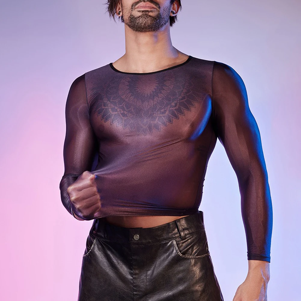 For Autumn For Male O Neck Tights Sheer Shirts Nightwear Sleepwear High Stretch Nightwear Regular Length See Through