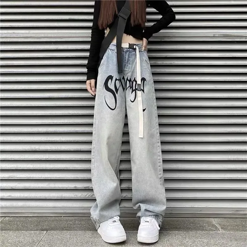 American High Street Retro Letter Printed Button Zipper High Waist Loose Straight Jeans Women's Wide Leg Trousers