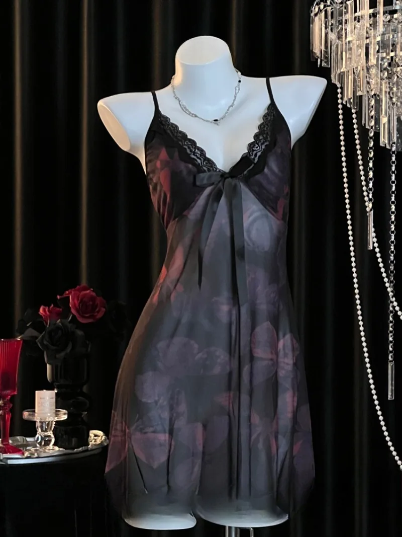 

Sexy Pearl Backless Nightgown,Deep V Halter Design,Butterfly Print Tulle Uniform Women,Seductive Romantic Pajama Set,Pure Desire