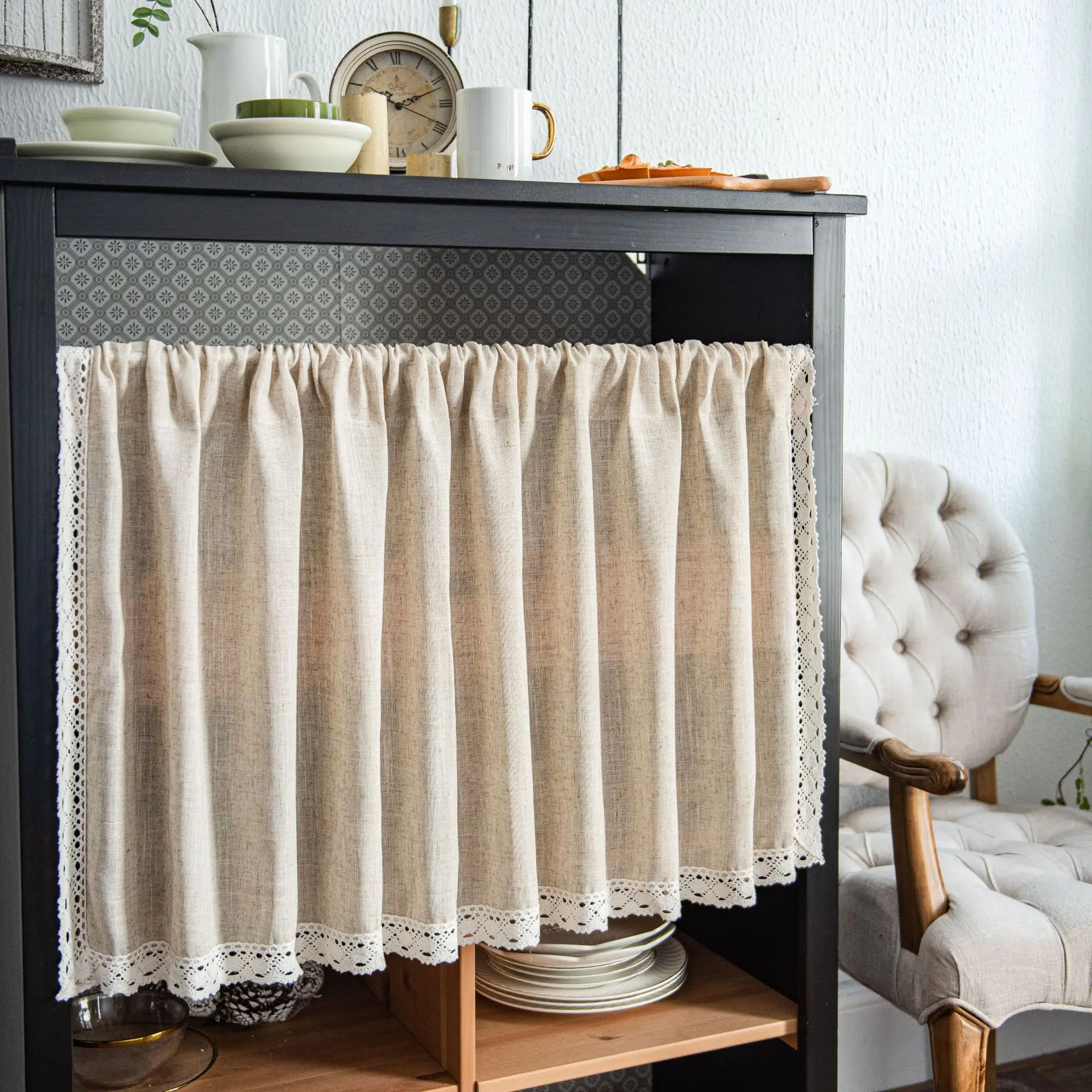 

Curtains for Kitchen Cupboard Decorative Vanity Cabinet Dustproof American Style Woven Cotton and Linen Window Curtain