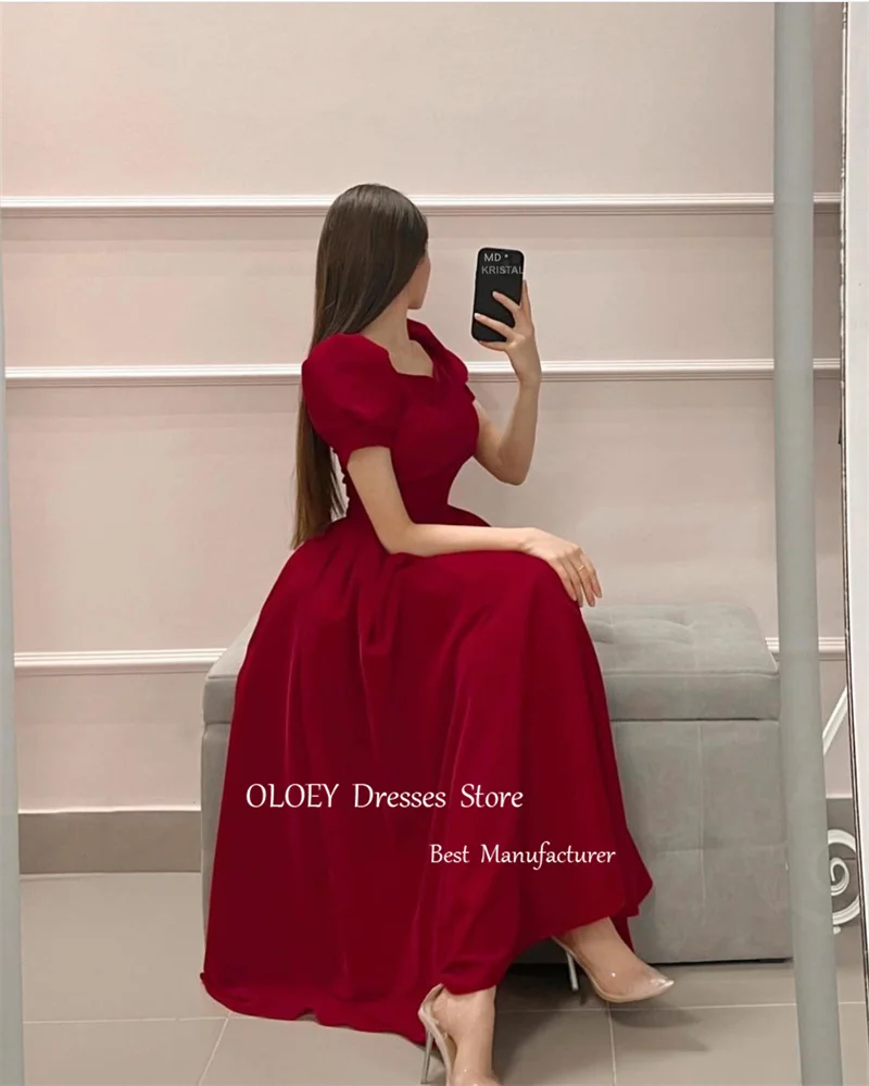 OLOEY Vintage Burgunday Red Velvet Evening Dresses Short Sleeves Square Neck Tea Length Prom Gowns Arabic Women Wedding Party