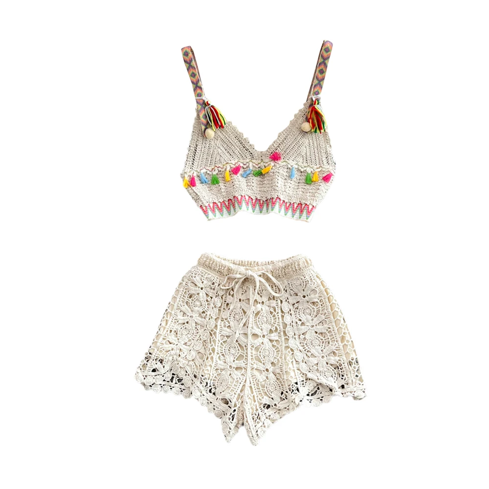 Ensemble deux pièces style Boho pour femmes, tenue de plage Sexy, ajouré, col en v, haut court + short taille haute, été