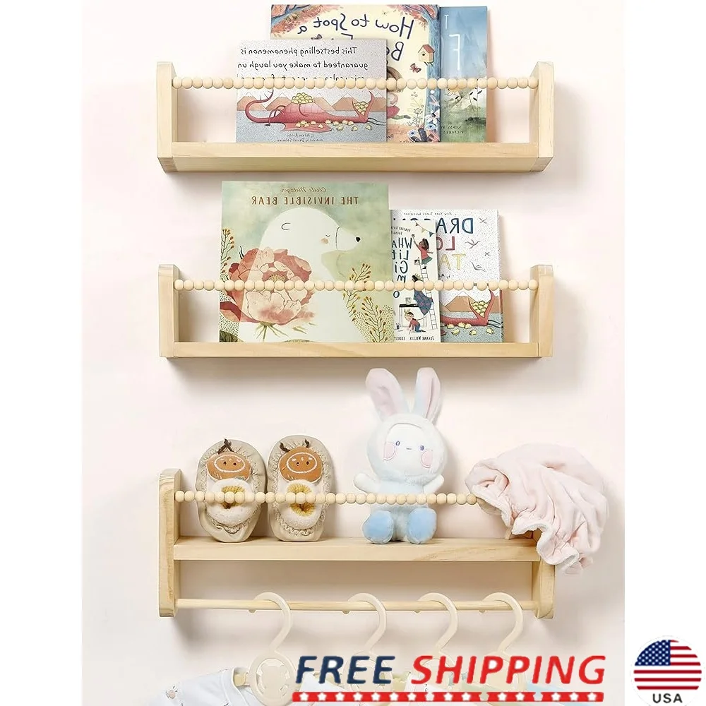 

Набор из 3-х плавающих полков для детской комнаты, деревянный настенный органайзер для хранения книг с вешалкой для полотенец, милый декор, детская комната