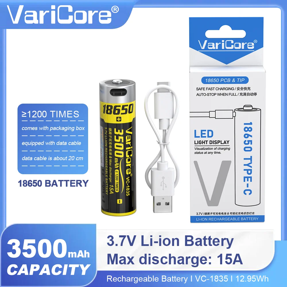 3.7 فولت 18650 3500 مللي أمبير USB Type-C بطارية ليثيوم أيون قابلة للشحن 15A التفريغ لبطاريات المصباح مع 1 قطعة كابل usb