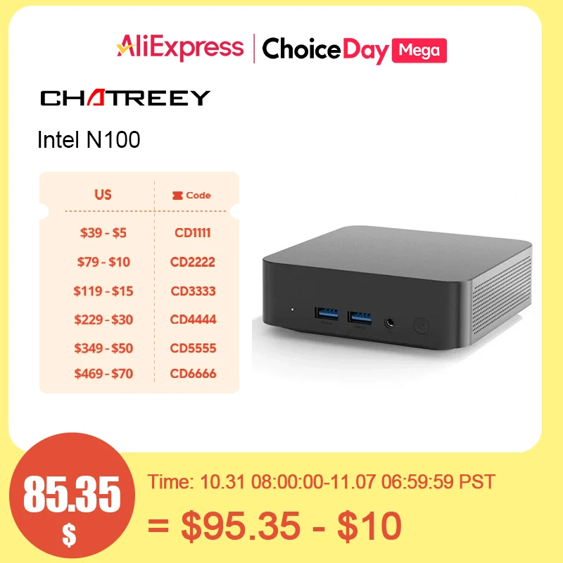 Chatreey T9 미니컴퓨터 인텔 Alder Lake N100 Windows 11 초소형 포켓컴퓨터 듀얼 SSD 풀기능 Type-C 4K 60Hz RGB