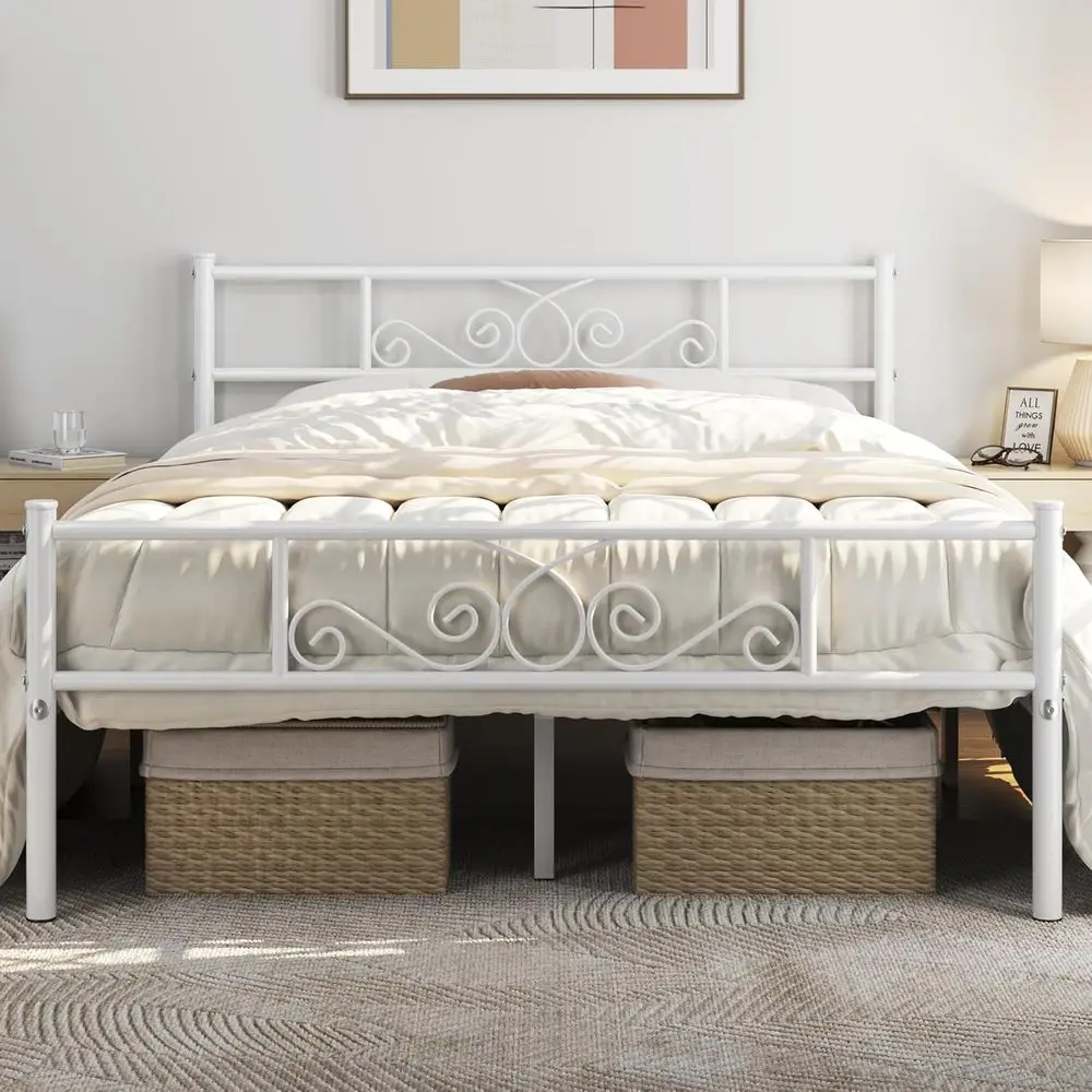 

White Metal Platform Bed with Headboard, No Box Spring, Easy Assembly, 12.6'' Underbed Storage