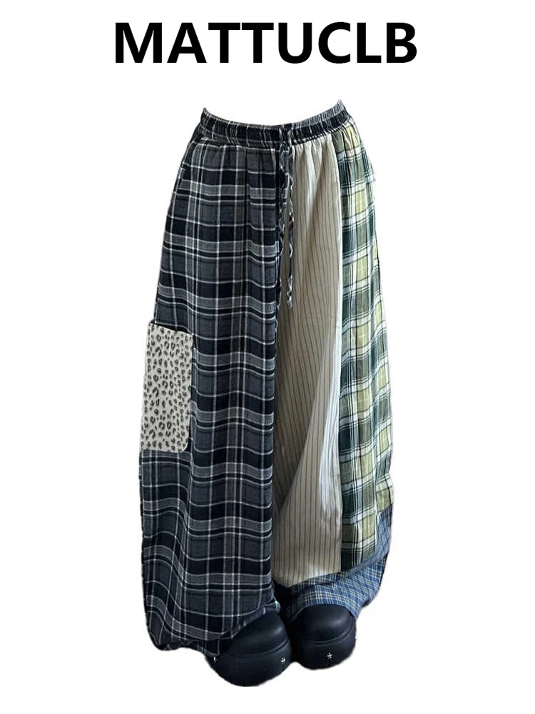 Summer Women American Retro Parachute Pants Wide Fit Plaid Pants Contrast Color 2000s High Street Long Trousers Y2k Harajuku New