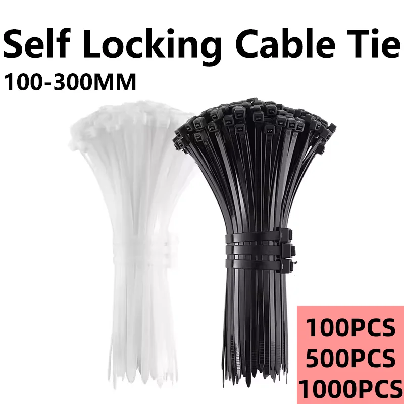 100/500/1000Pcs 5X300mm Self-locking Nylon Plastic Tie White/Black Cable Tie Fastening Ring 3X200mm Wraps Strap Zip Tie