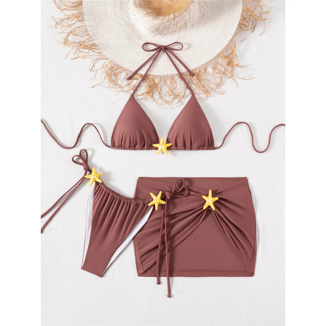 Mit Rock, Seestern-Motiv, Neckholder-Bikini, Damen-Badeanzug, Damen-Badebekleidung, dreiteiliges Bikini-Set, gepolsterter Badeanzug, Badebekleidung, Schwimmanzug V8178 – Detail 4