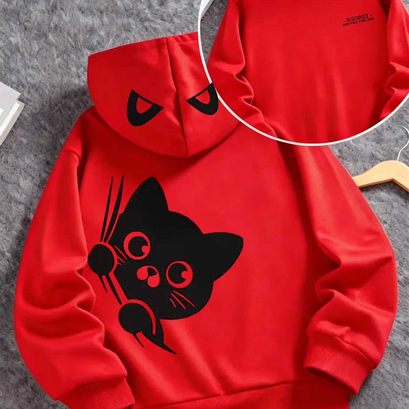 Pocket Peek Black Cat Simple Cartoon Hooded Sweatshirt with Big Cat Pattern - Children's Christmas Gift