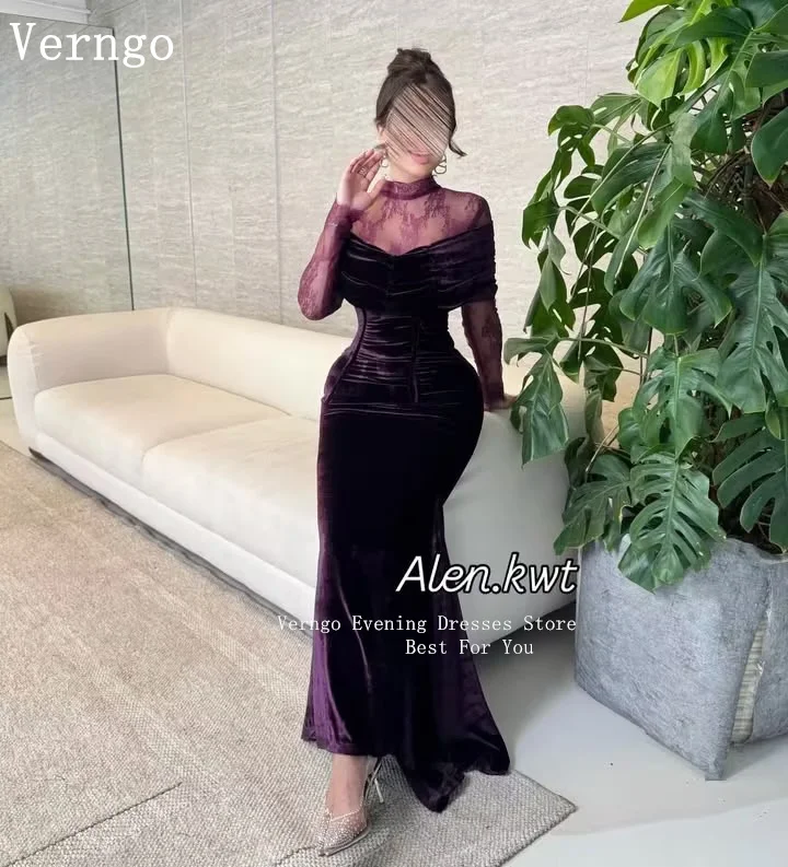Verngo Purple Velvet Evening Dress High Neck Full Sleeves Elegant Mermaid Formal Dresses Saudi Arabia Prom Gowns Customizedفس