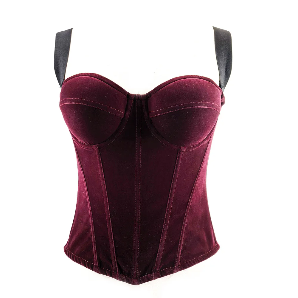 Espartilho de osso francês de veludo feminino overbust com copos de sutiã topo de colheita fino sem costas brilhante tubo topos zíper y2k sem alças shapewear topo