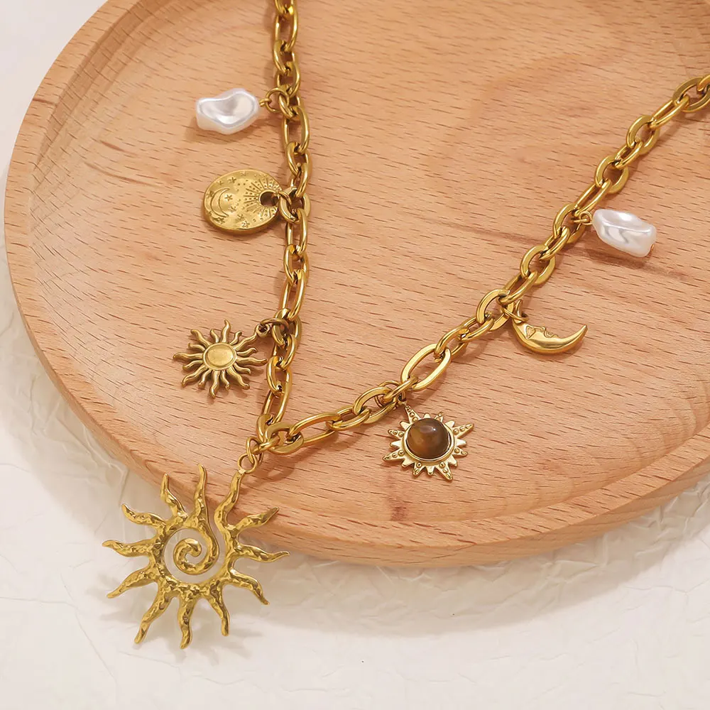 Trendy Sun Moon Shape Imitation Pearl Pendant Necklace Stainless Steel PVD Gold-plated Craft Gold Waterproof Women Jewelry Gift
