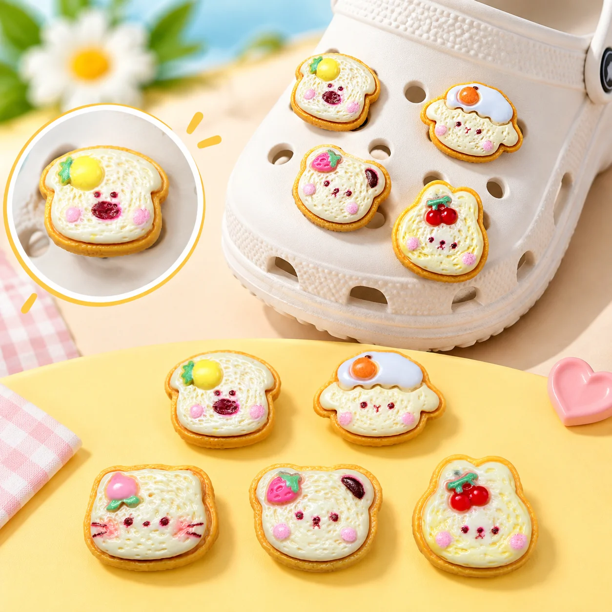 16pcs Mixed Cute Animal Toast Resin Shoe Charms - Kawaii Food Clog Decor for Sandals & Beach Bags