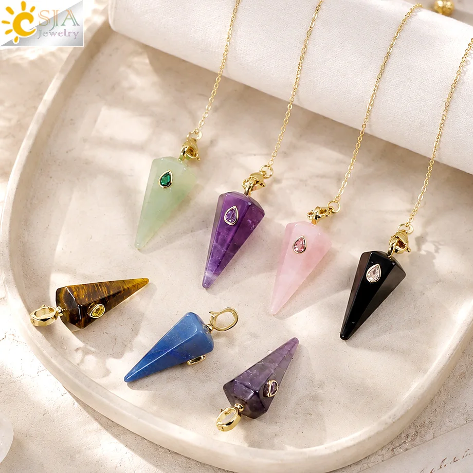 Natural Stone Crystal Pendant Pendulum for Divination Dowsing Gold Color Cone Amethyst Pink Quartz Pendants Pendulos H946