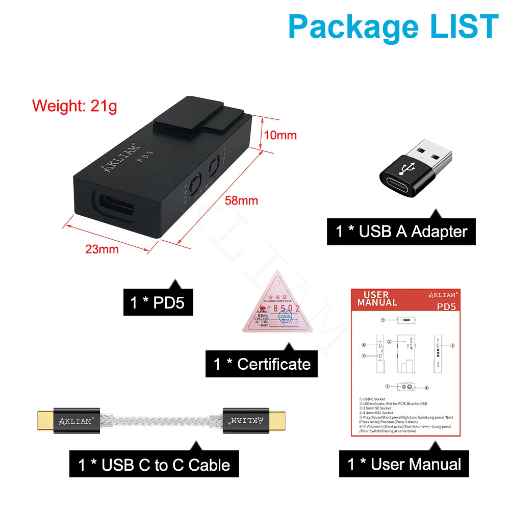 (Andy 5-Star) AkLIAM PD5 AK4493SEQ USB Dac محمول USB Dac & Amp 4.4 مم متوازن و 3.5 مم مضخم ضوت سماعات الأذن PCM768KHz DSD512