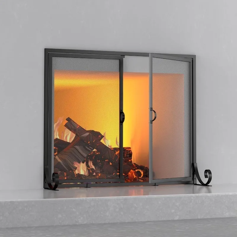 Fireplace screen, living room heater with mesh fence decoration, double door partition wrought iron