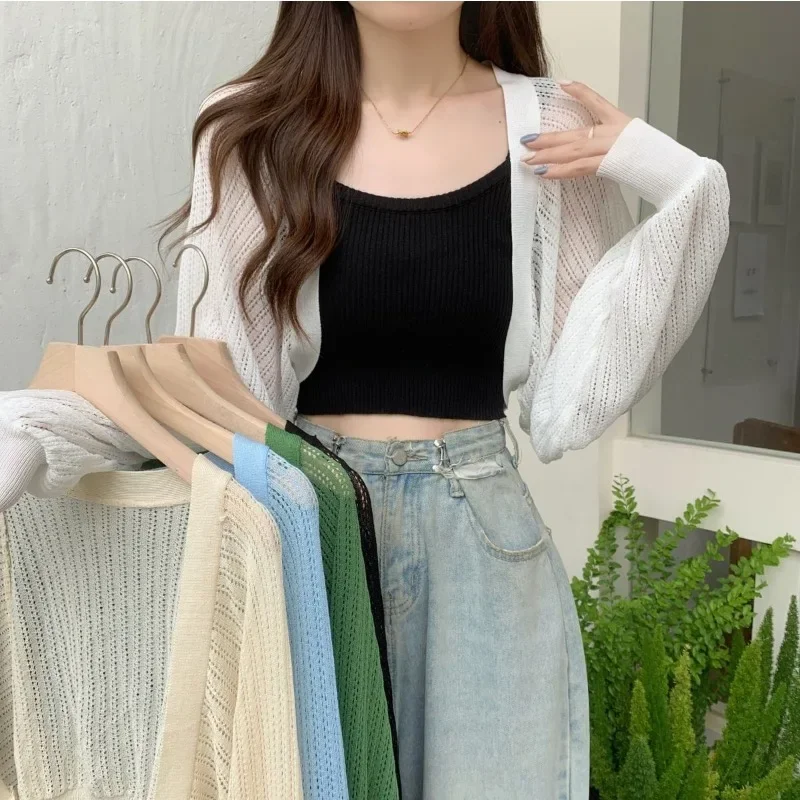 Hollow Knit Cardigan White Sweet Loose Women Short Top Thin Coat Sunscreen Clothing Korean Fashion Spring Autumn Wholesale