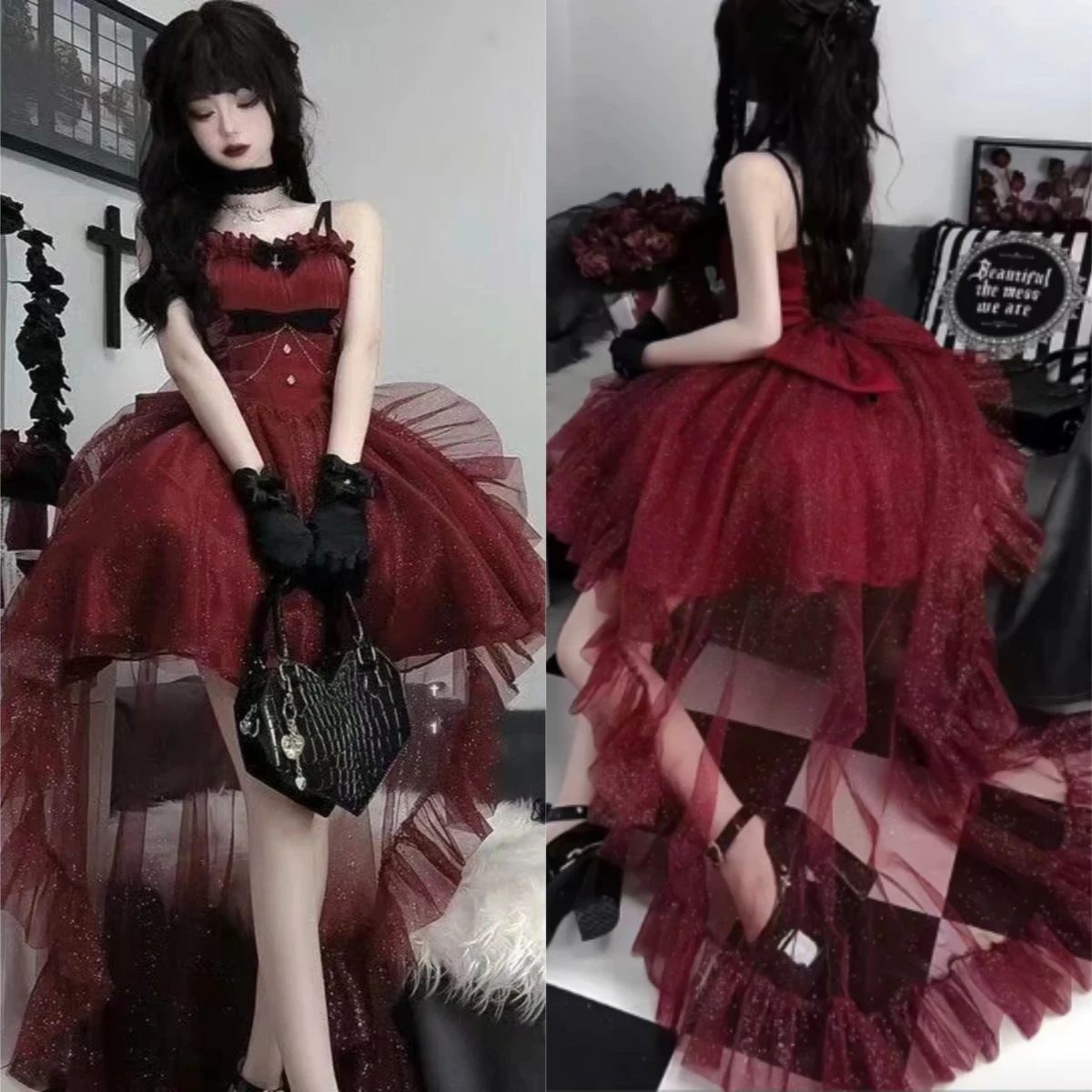 2026 Kawaii Lolita Minikleid für Damen mit Puffärmeln, Ösen-Spitze, Roten Polka Dots und Stufenrock, Y2K Süßes Festtags-Partykleid