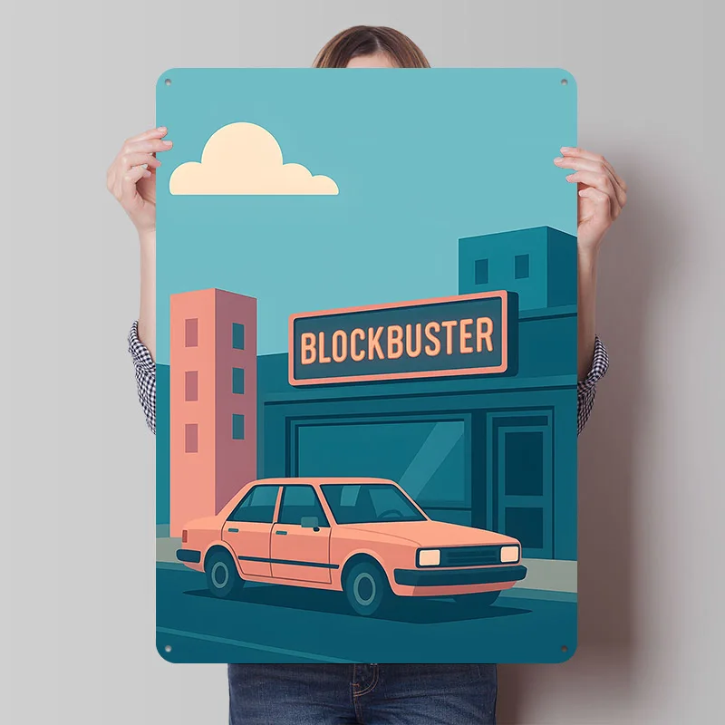 Blockbuster Storefront With Car Tinplate Poster Custom Wall Art Vintage Metal Signs Retro Tin Plaque for Aesthetic Decoration
