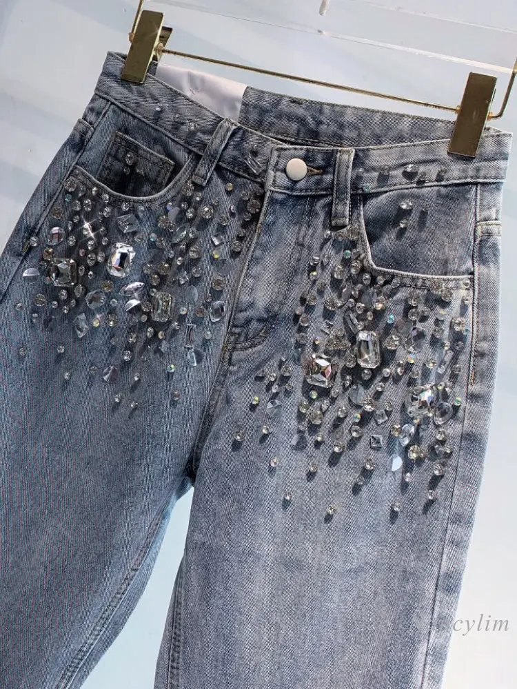 European Fashion New Heavy Industry Full Diamond Rhinestone Flash Denim Pants Women\'s Jeans Blue 2023 Spring Summer