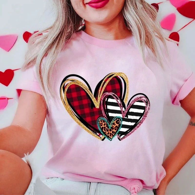 New Women's T-Shirts Clothing Valentine Leopard Love Heart Print Tees Breathable Tshirt Loose Top Harajuku Casual Short Sleeve