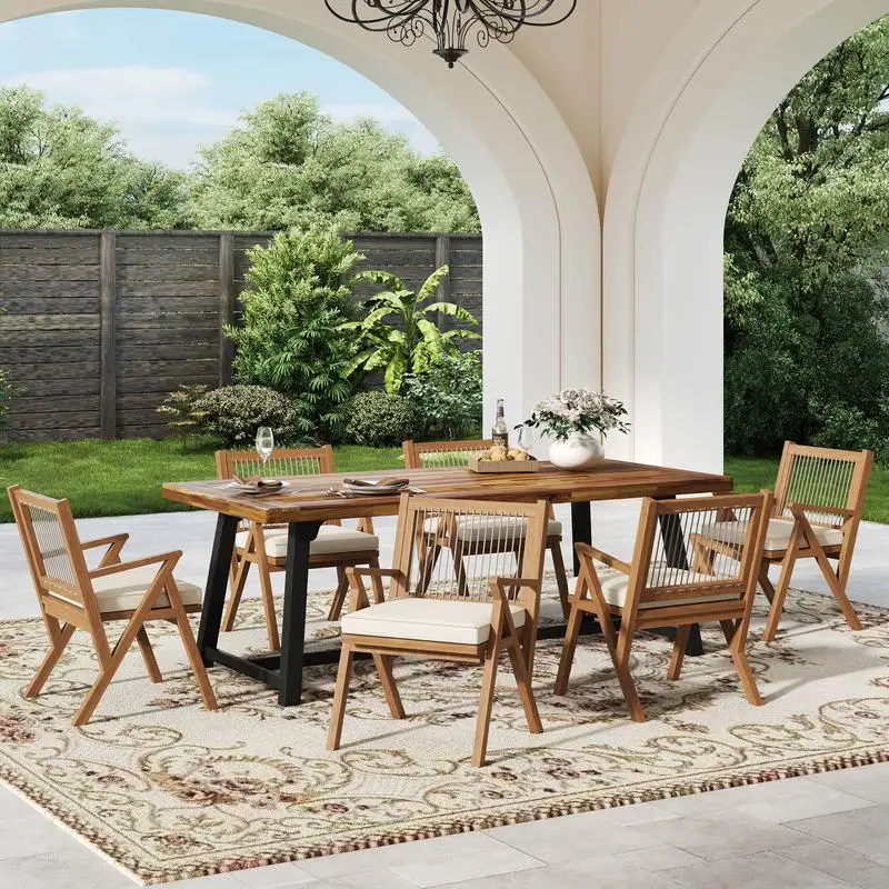 7-teiliges Outdoor-Essset aus Akazienholz mit Stühlen mit Seilrückenlehne, Teakholz- und schwarzem Finish