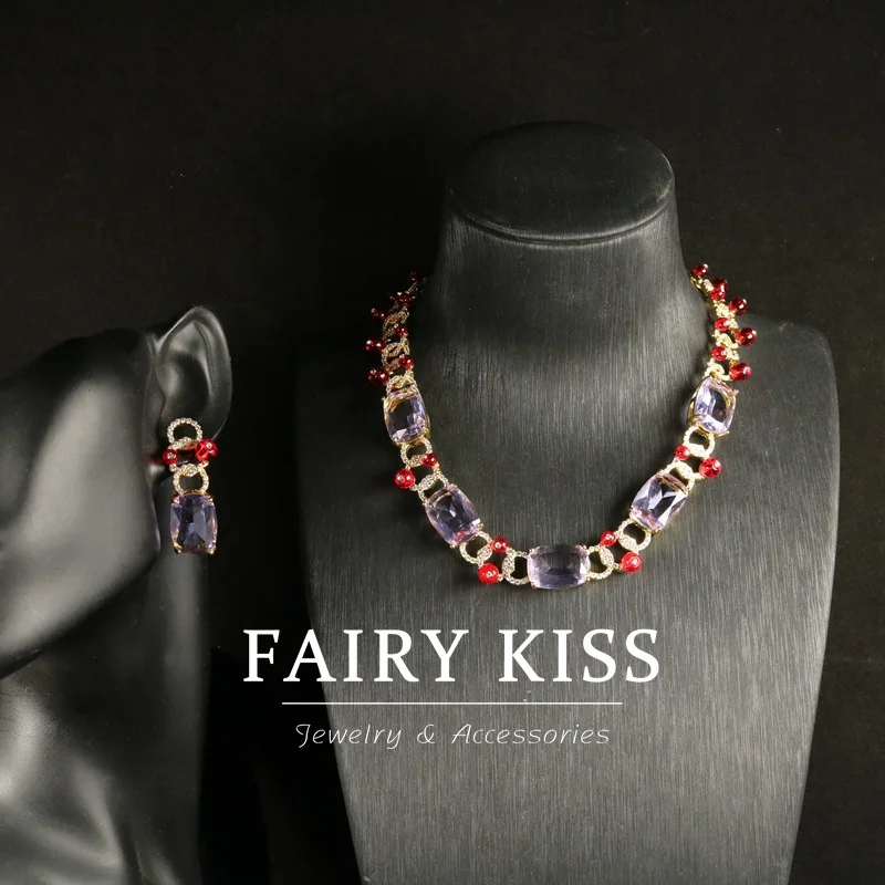 

Medieval fashion necklace earrings inlaid with purple handmade glass copper wax inlaid jewelry 925 silver needle ear stud