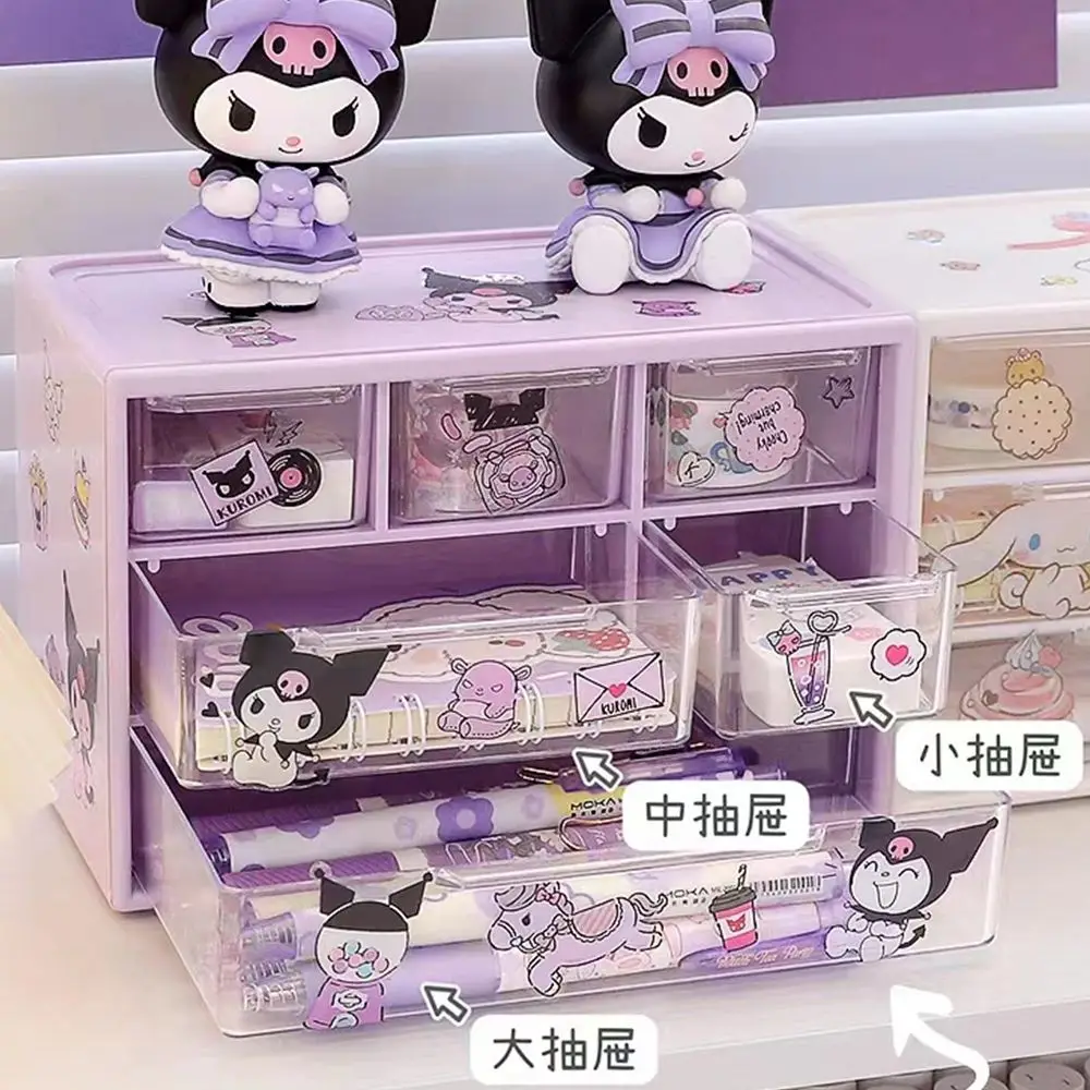 Sanrio 6 Grid Storage Box Desktop Drawer-type Transparent Organizing Box Desk Pen Holder Send Kuromi Melody Cinnamoroll Stickers