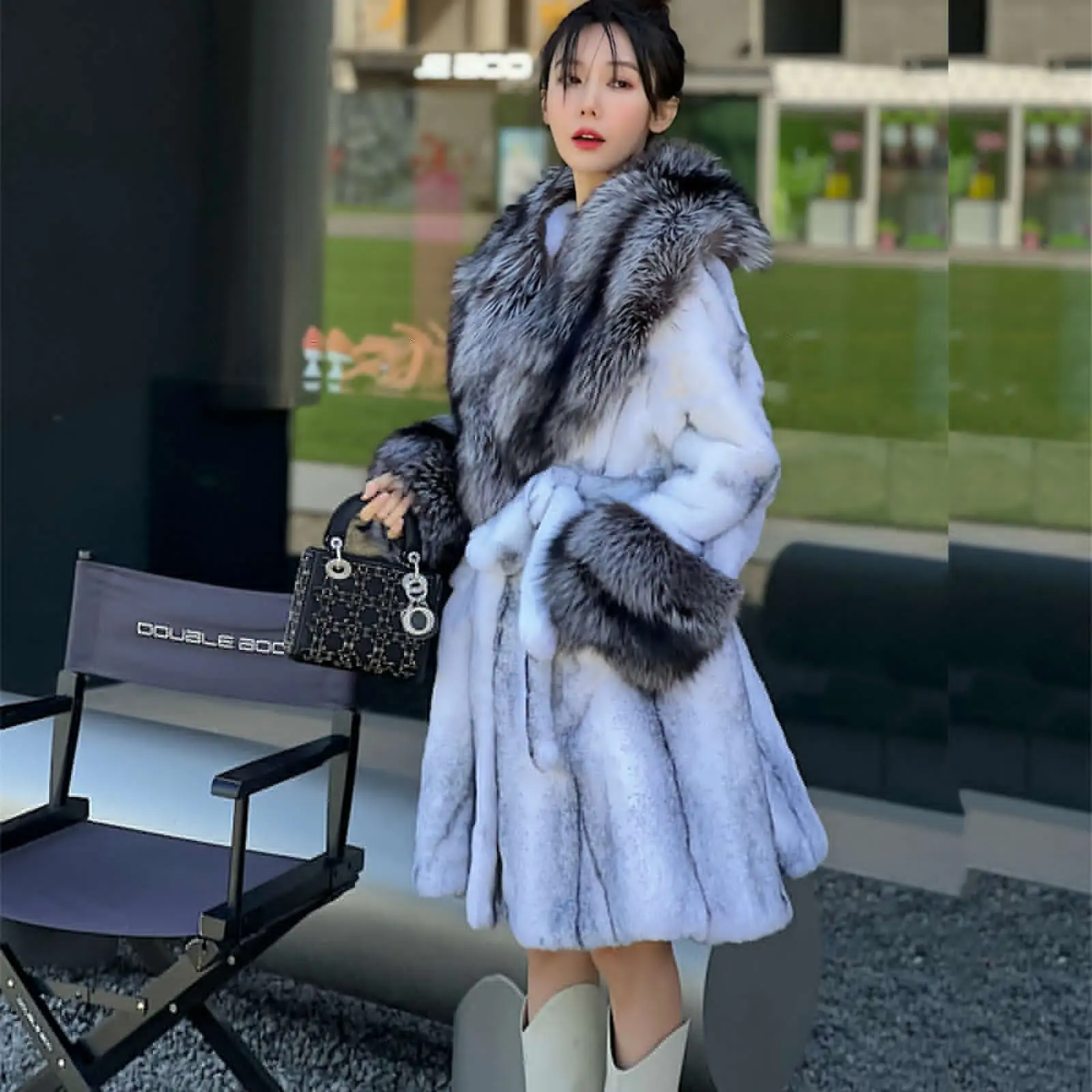 Natural Sliver Fox Fur Collar for Rex Rabbit Fur Jacket Women Fashion Luxury Winter Warm High Quality Real Fur Coat Lady