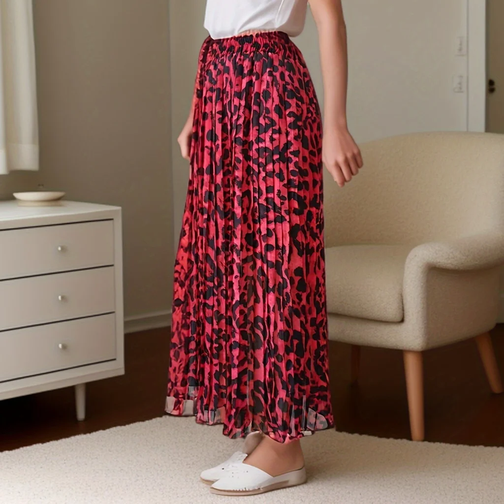 Leopard Pleated Long Skirt Women Vintage Elastic High Waisted A-Line Chiffon Beach Skirt Spring Summer Autumn 2025 New