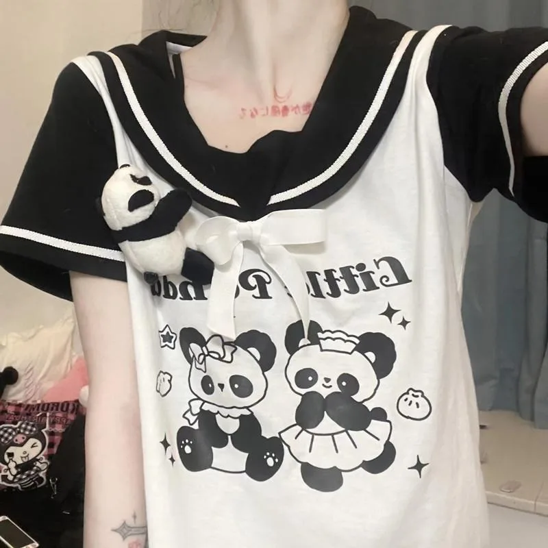 

Japanese Y2k Panda Print Tops Women Clothing Sweet Tshirt Sailor Collar Short Sleeve Crop Tees Casual Cute T-shirts Summer