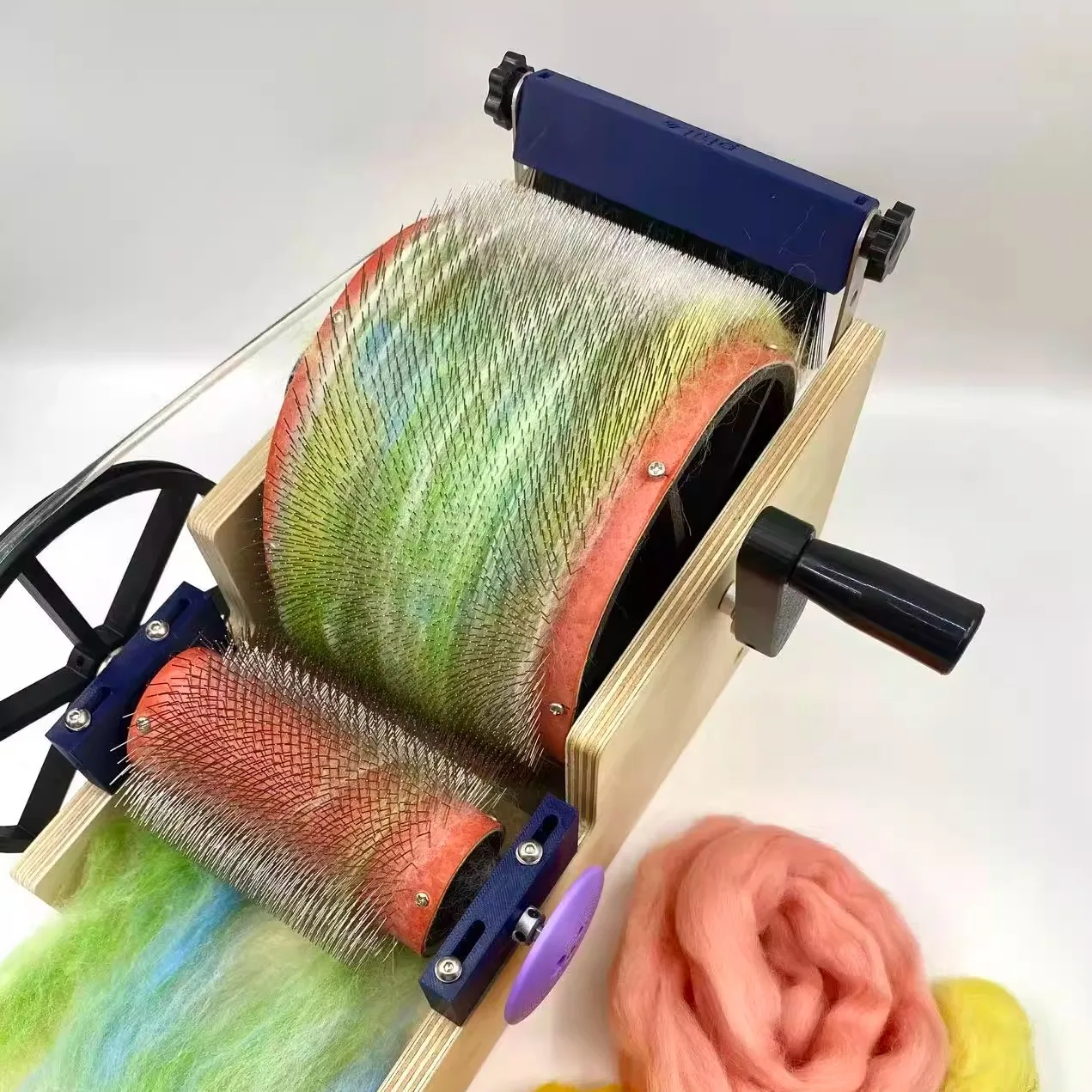 Heavy Duty Hand Crank Drum Carder Wool Fiber Blending & Combing Tool for Mixed Color Yarn Making DIY Spinning Accessories