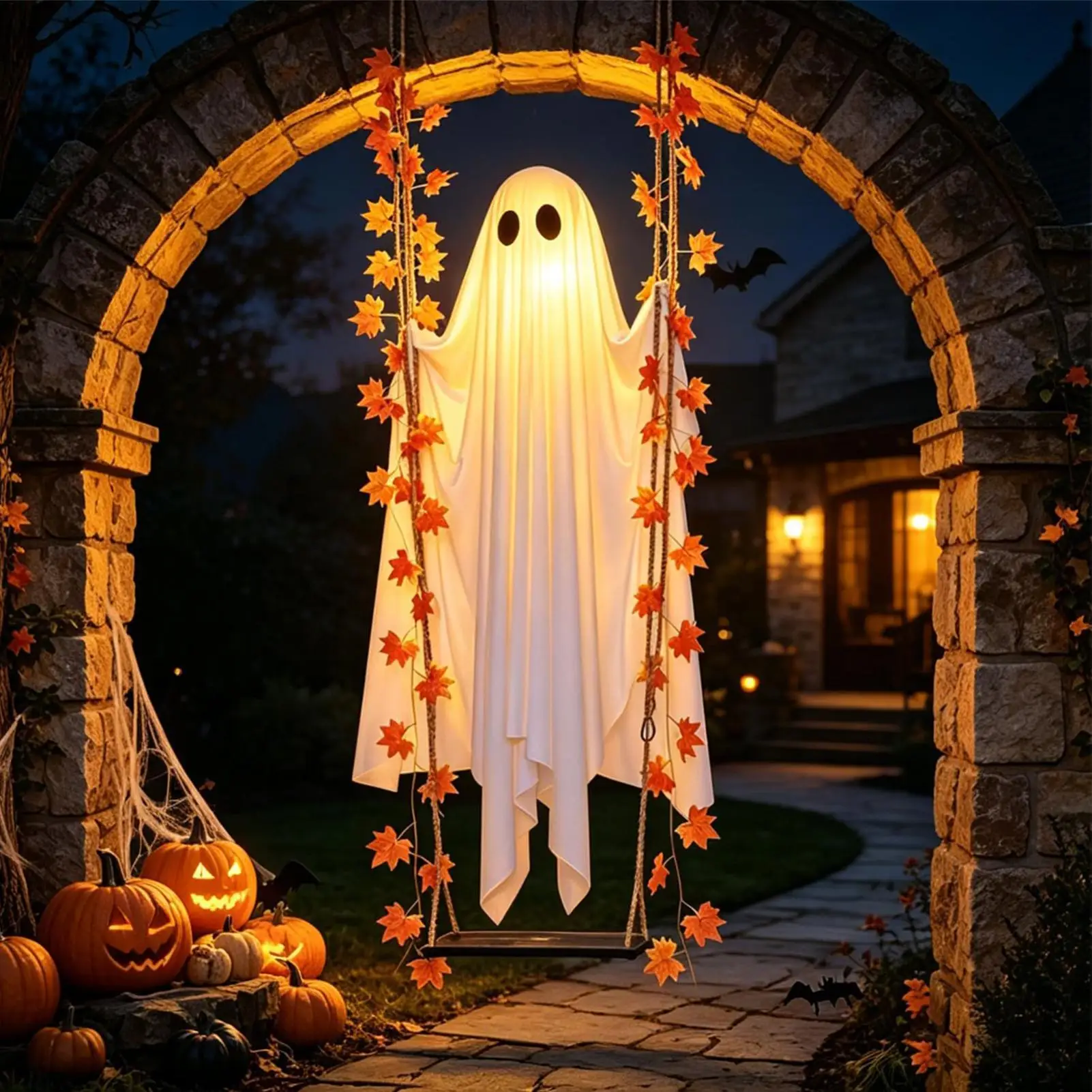Swinging Ghost Light Up Spooky Ornaments with Remote Control Ghost Halloween Decor for Indoor Outdoor Front Porch Tree Yard Gift