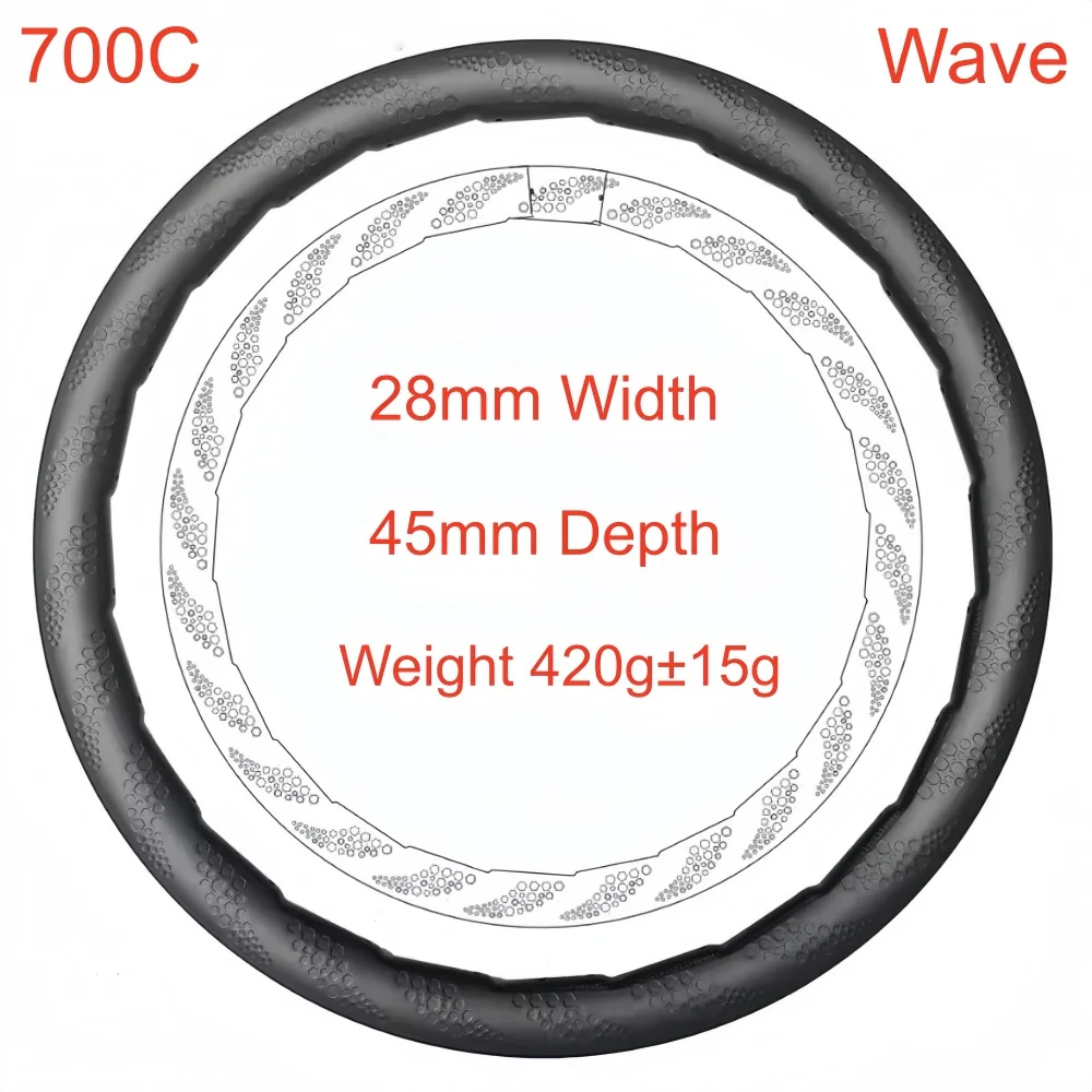 

Карбоновые обода для шоссейных велосипедов 700C, 28 мм, волнообразные, глубина 45 мм, сверхлегкие, бескамерные, под дисковый тормоз