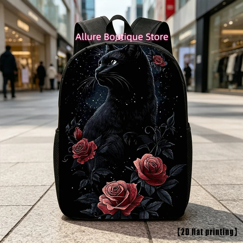 Black Cat And Roses, Casual Backpack, Travel Laptop Backpack, 2D Flat Printing, Rucksack with Ample Capacity - Suitable for Trav
