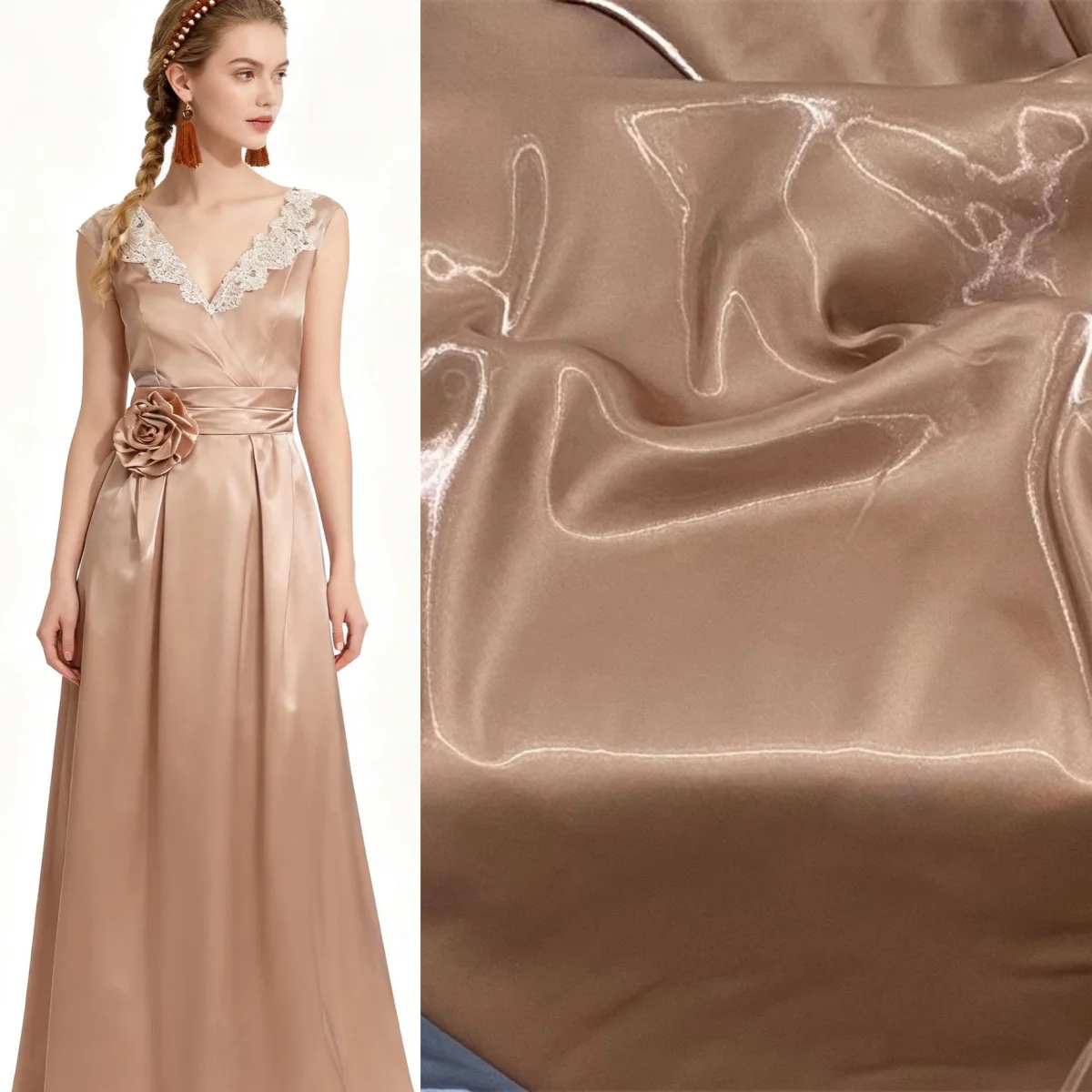 

Coffee colored high gloss glass water gloss satin fabric glossy and crisp fabric sewing high-end dresses wedding dresses stage