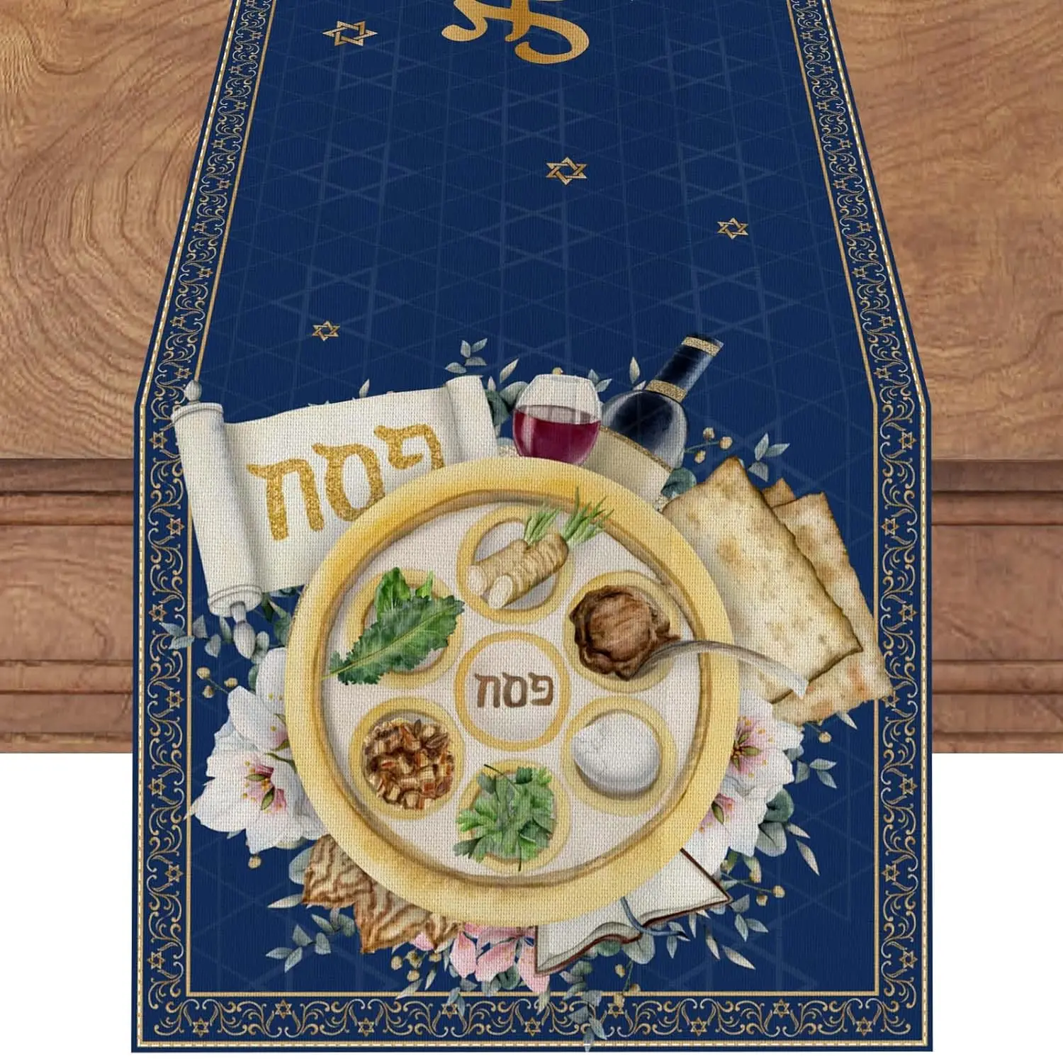 Blue Passover Linen Table Runner Israeli Judaism Passover Pesach Decoration Supplies Home Party Kitchen Dining Room Table Decor