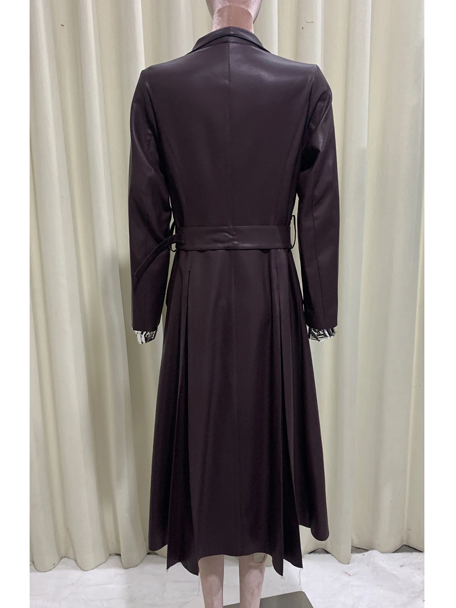 Primavera otoño largo suave falda fluida café Pu abrigo de cuero mujeres chal cuello fajas elegante Chic ropa de diseñador de lujo 2025