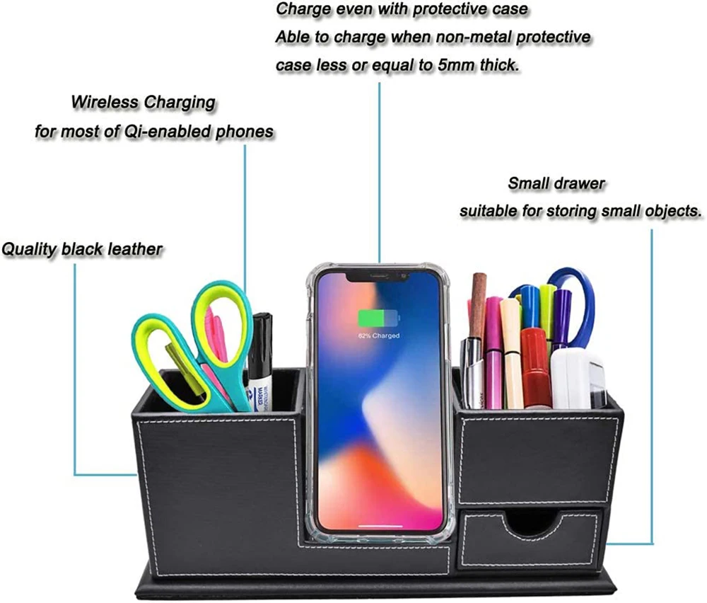 Desktop Draadloze Telefoon Oplader Organizer, Bureau Potlood Houder Pen Cup Opslag Met Qi Charging Station Dock