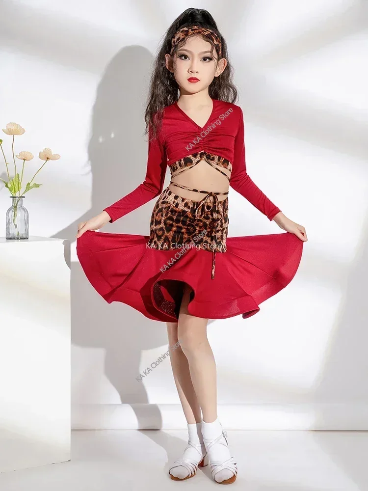 Leopard Tango Costume da ballo latino vestito da ballo per ragazze Cha Cha Rumba gonna da ballo ragazze Performance bambini vestiti da pratica latina