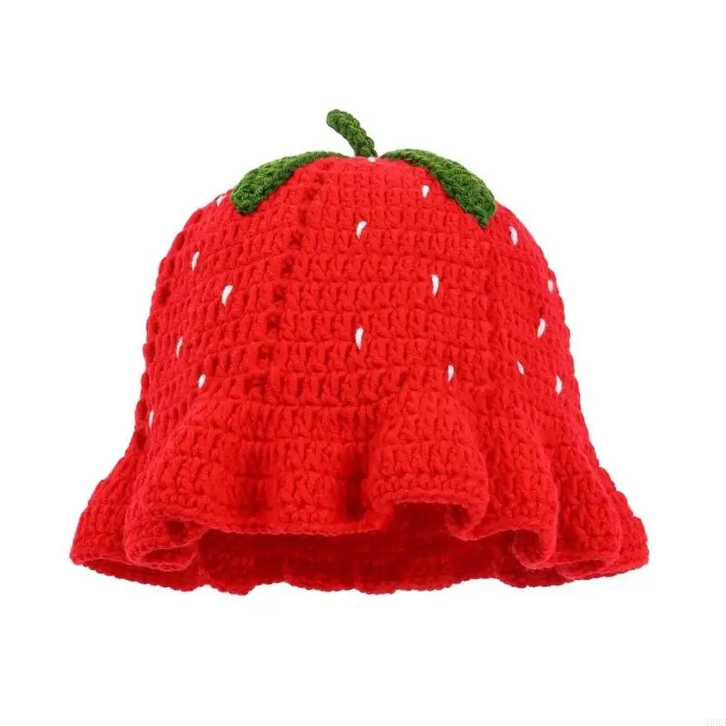 

652F Handmade Strawberry Hat Handwoven Strawberry Openwork Crocheted Hat for Music Festival Stylish Strawberry Fisherman Hat