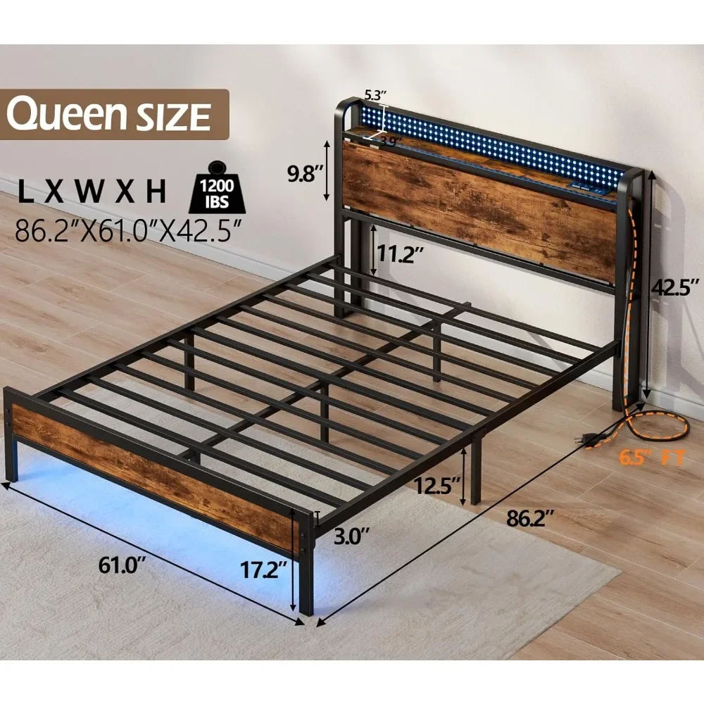 Full/Queen/King size Bed Frame with Charging Station,Industrial Platform Beds with Storage Headboard,RGB LED Lights and USB Port