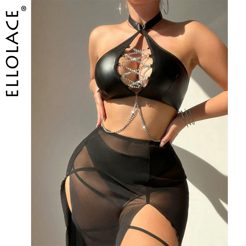 

Ellolace Elegant Sexy Lingerie Cosplay Princess Leather Halter Bra Panty 2PC with Mesh Split Skirt&Bandages Seductive Chain Kit