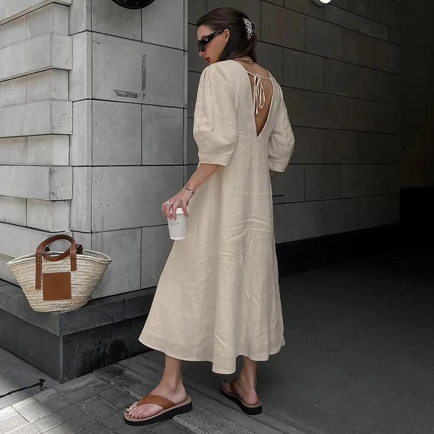 

KELLYTOWN Retro Cotton Linen Women's Casual Dresses V Neck Puff Sleeve Beach Birthday Sundress Elegant Long Dress Summer 2026