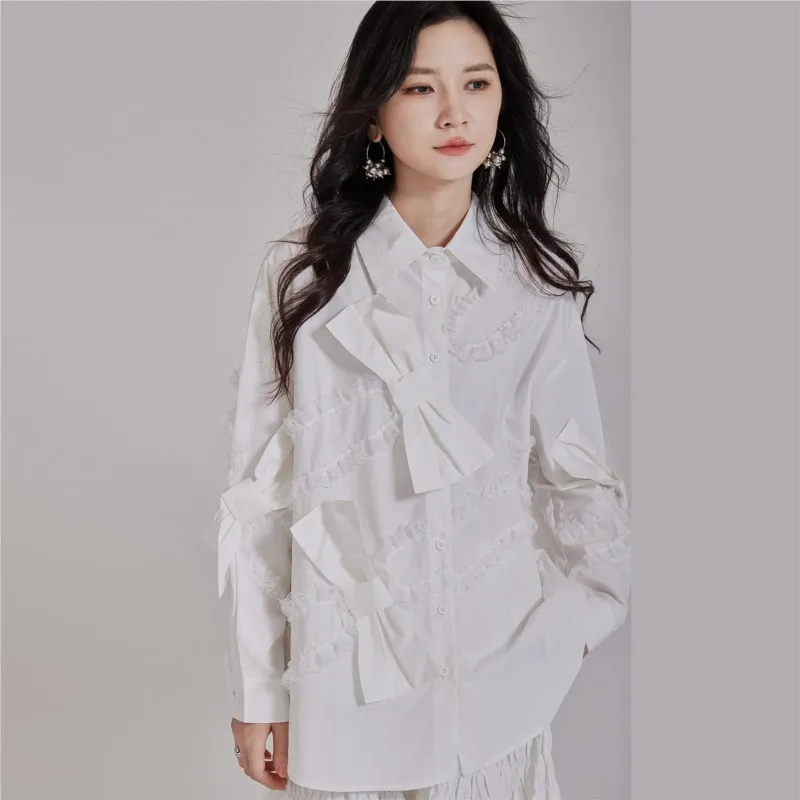 

Johnature модная кружевная рубашка с объемным бантом и грибком, женская осень 2022, новые повседневные свободные женские топы