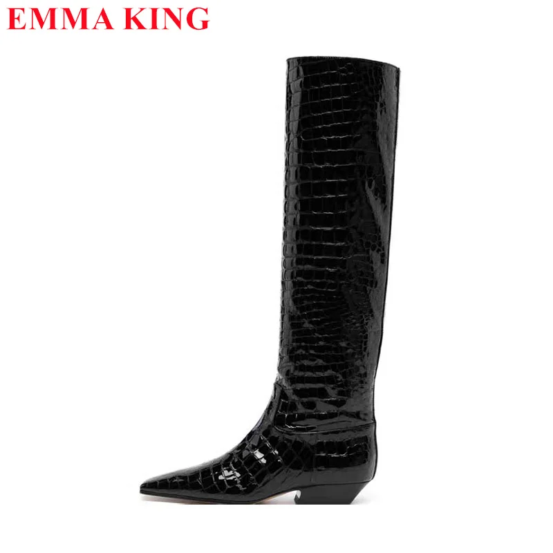 Women's Pointed Toe Thick Heel Long Knight Boots 2024 Spring/Autumn Leather Crocodile Pattern Knee High Boots Black Casual Shoes