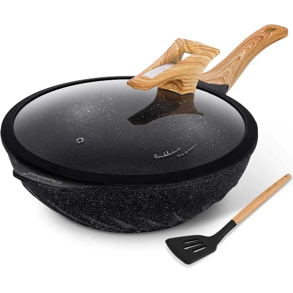 

Nonstick Woks And Stir Fry Pans Die-cast Aluminum Scratch Resistant 100% PFOA Free Induction Wok pan with Lid 12.6 Inch - Black